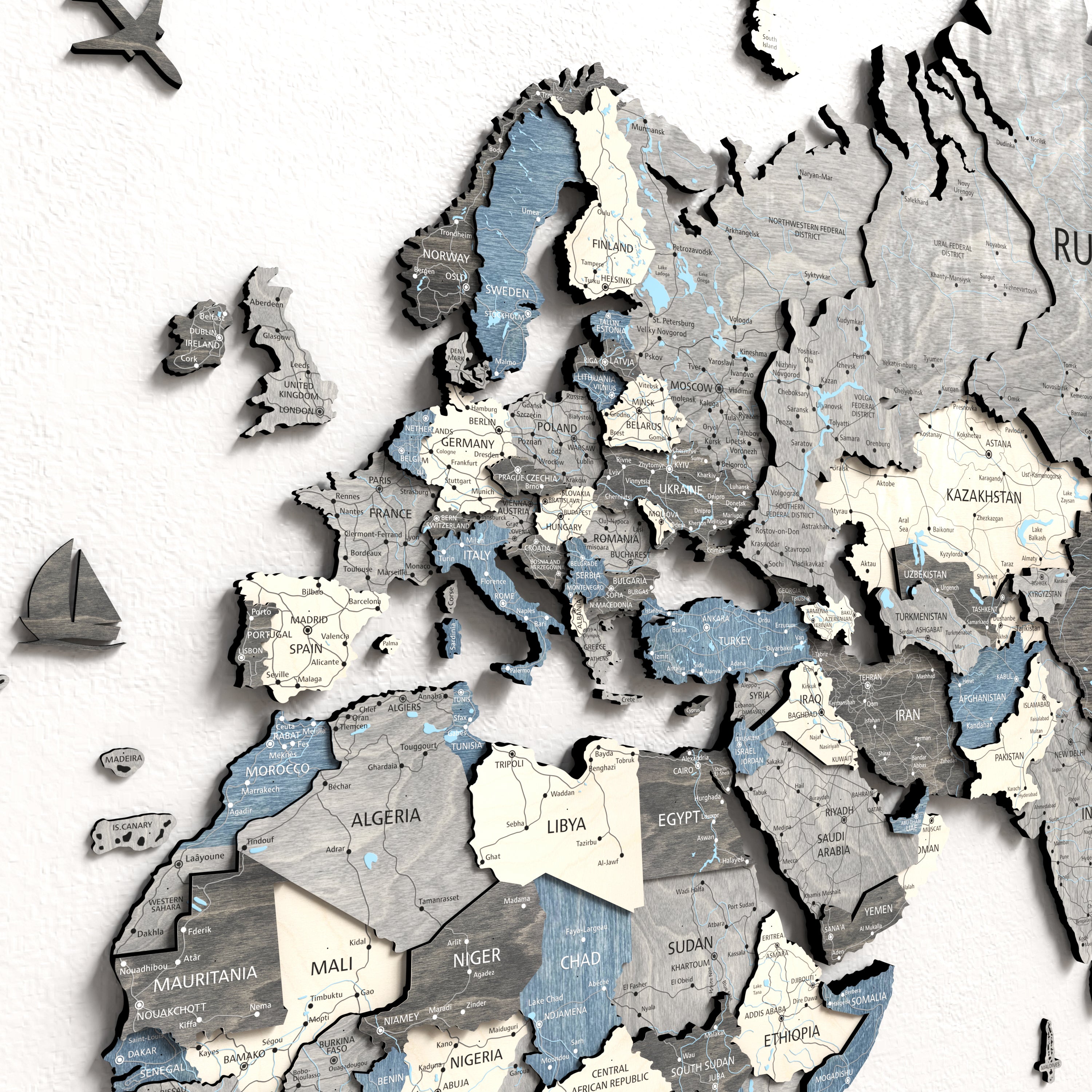 Drewniana Mapa Świata 3D przedstawiająca szczegółową mapę Europy z unikalnym designem