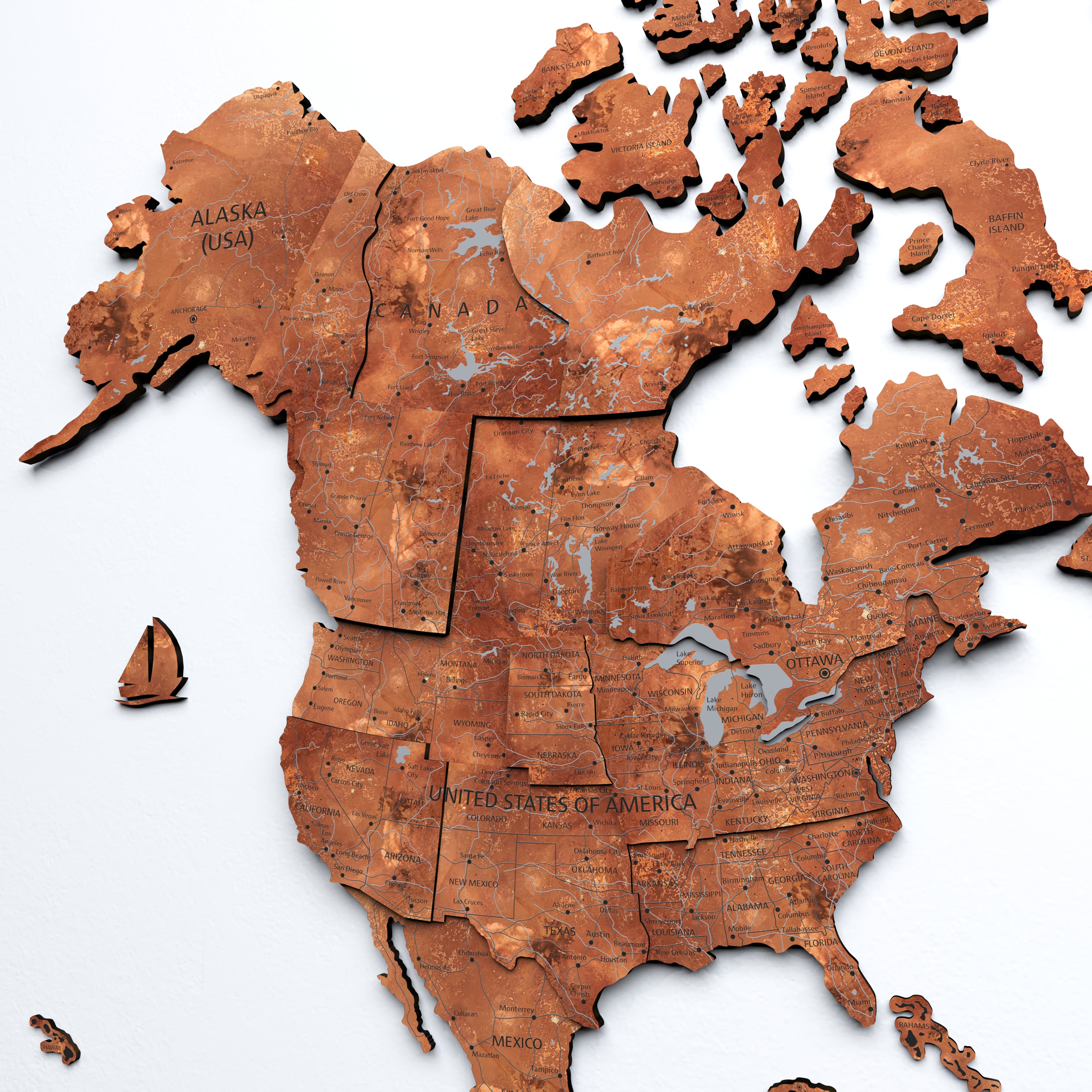Drewniana mapa świata 3D „Cooper” z detalami geograficznymi Ameryki Północnej, wykonana z drewna.