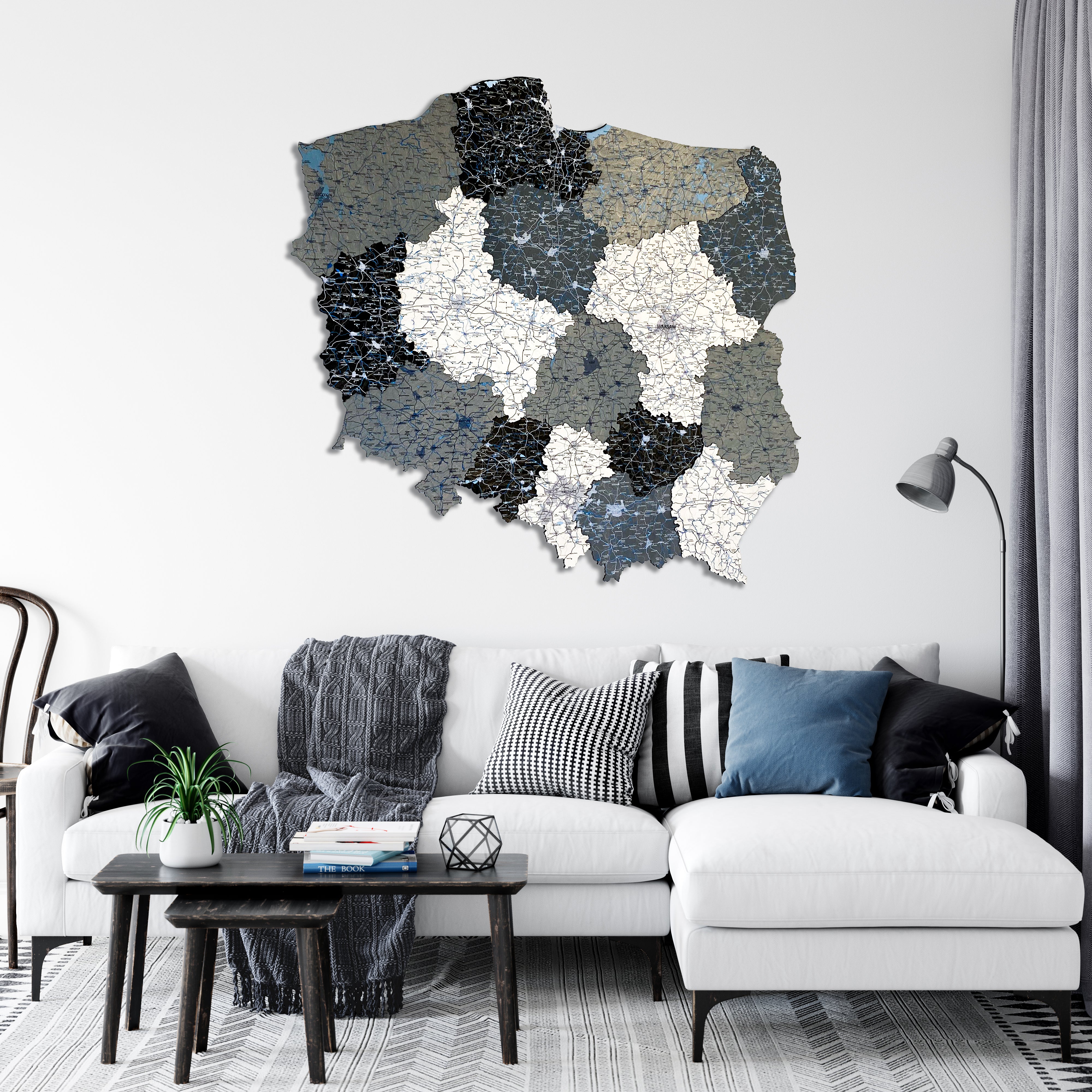 3D drewniana mapa Polski w kolorze Monochrome jako dekoracja ścienna w nowoczesnym salonie