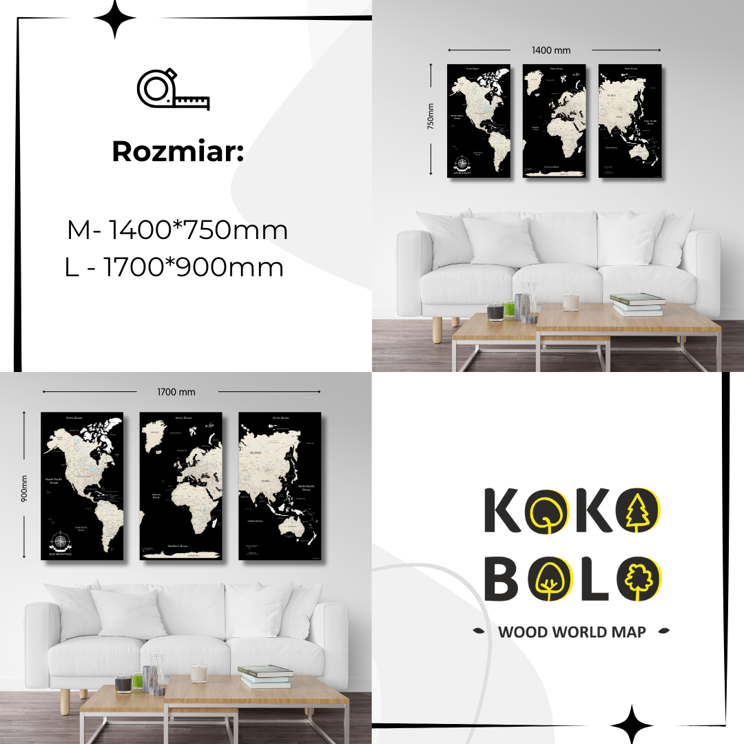 Drewniana Mapa Świata Premium na panelach - Loft