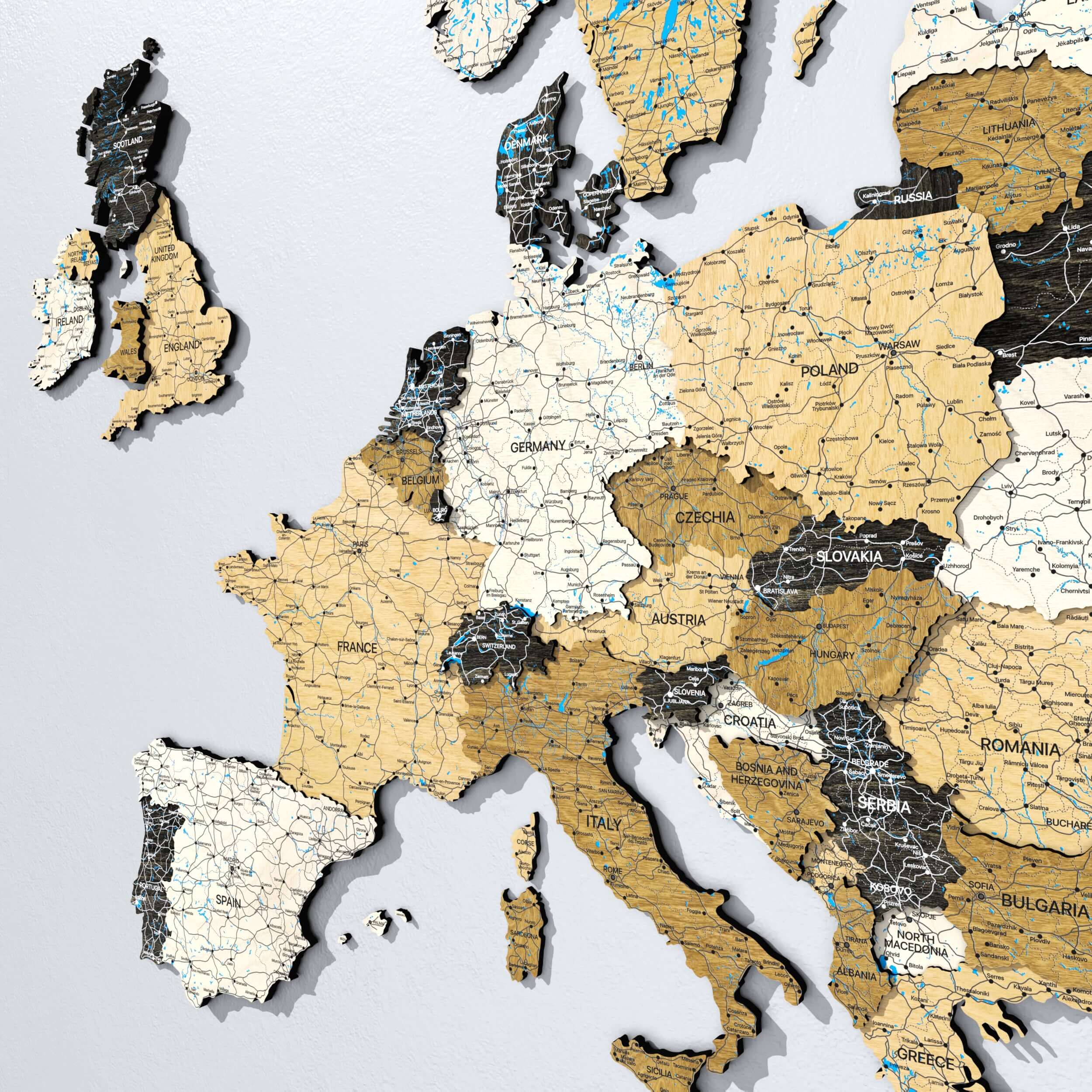 Drewniana Mapa Europy 3D – Light Walnut