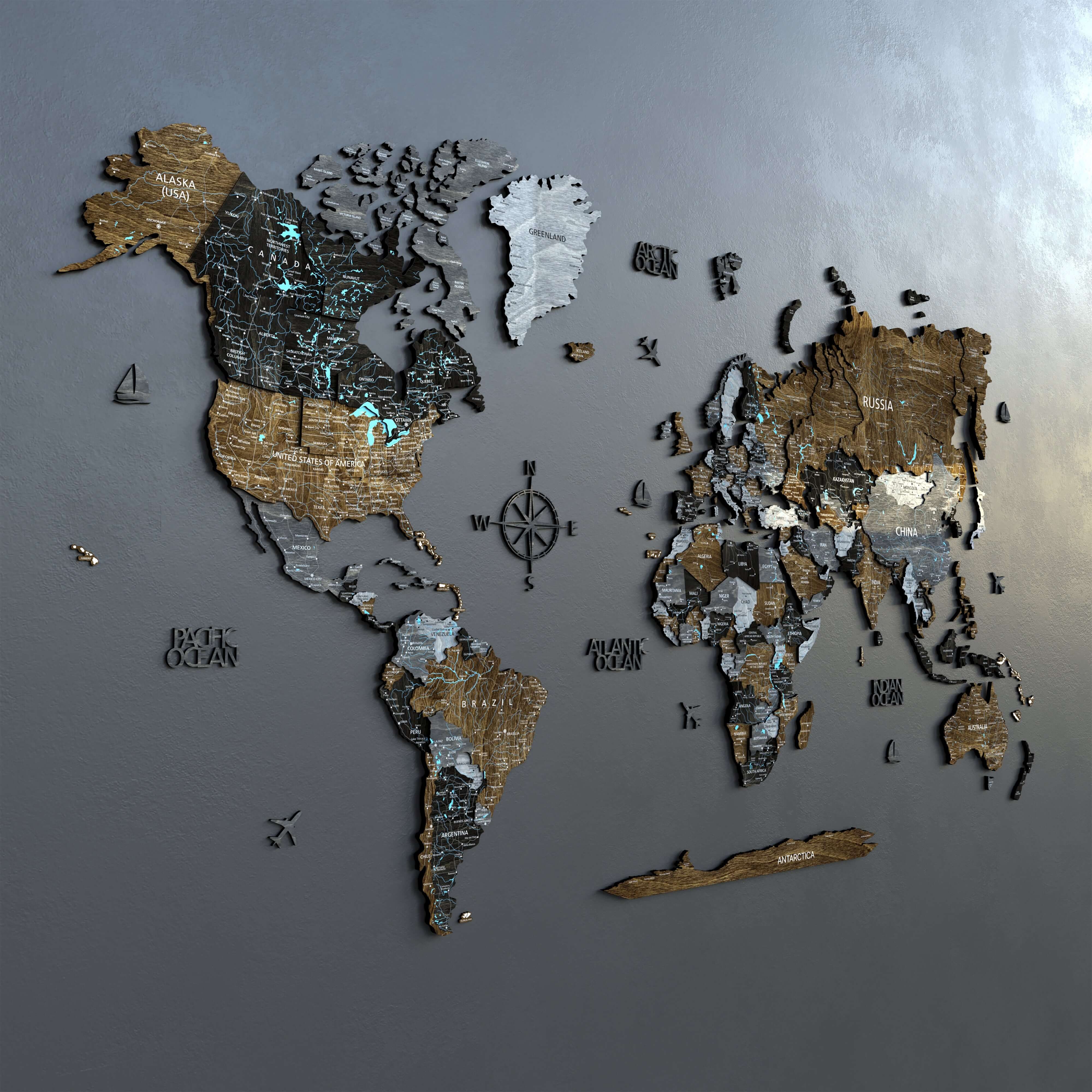 Drewniana Mapa Świata 3D “Brown Loft”