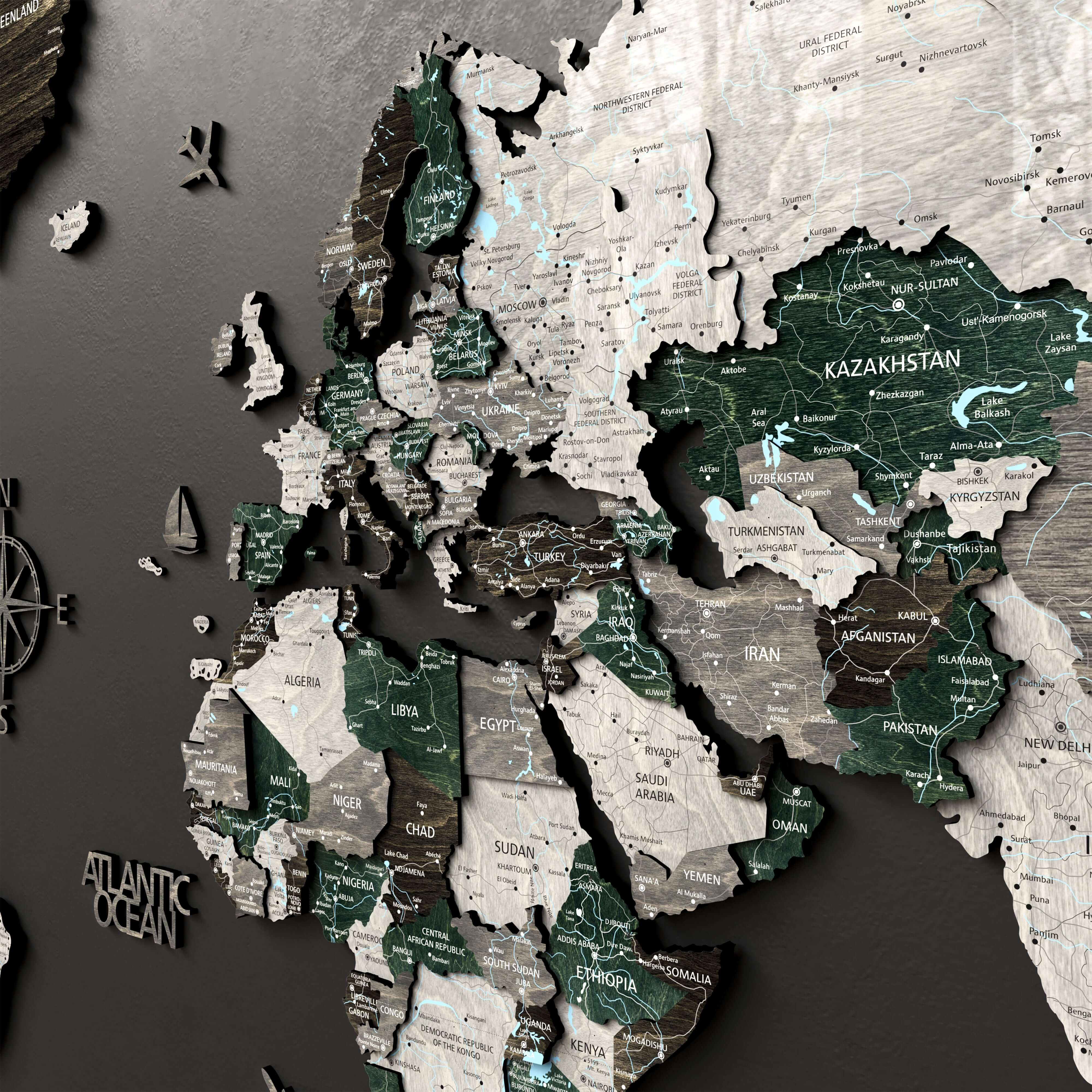 Drewniana Mapa Świata 3D “Evergreen”