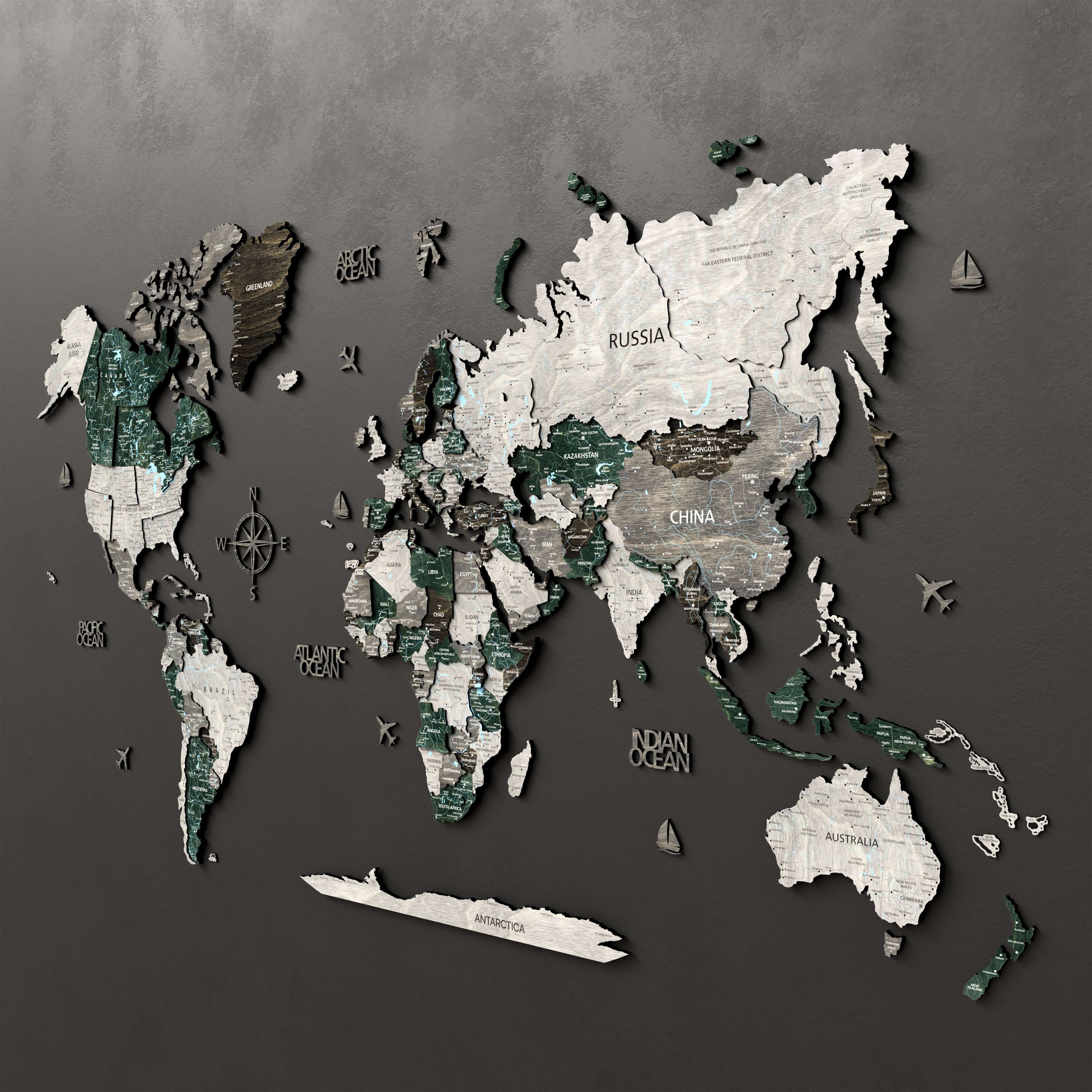 Drewniana Mapa Świata 3D “Evergreen”