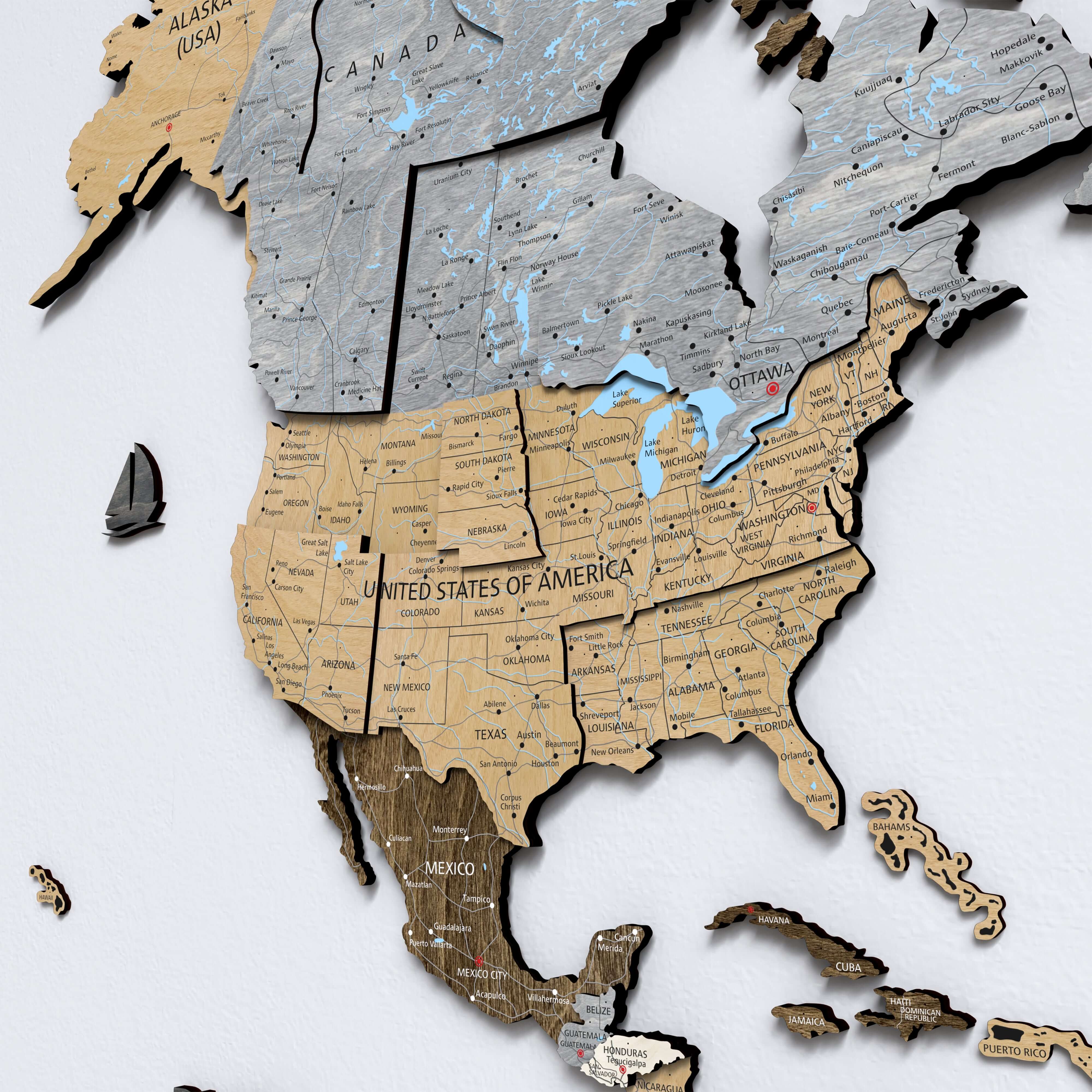 Drewniana Mapa Świata 3D “Light Walnut”