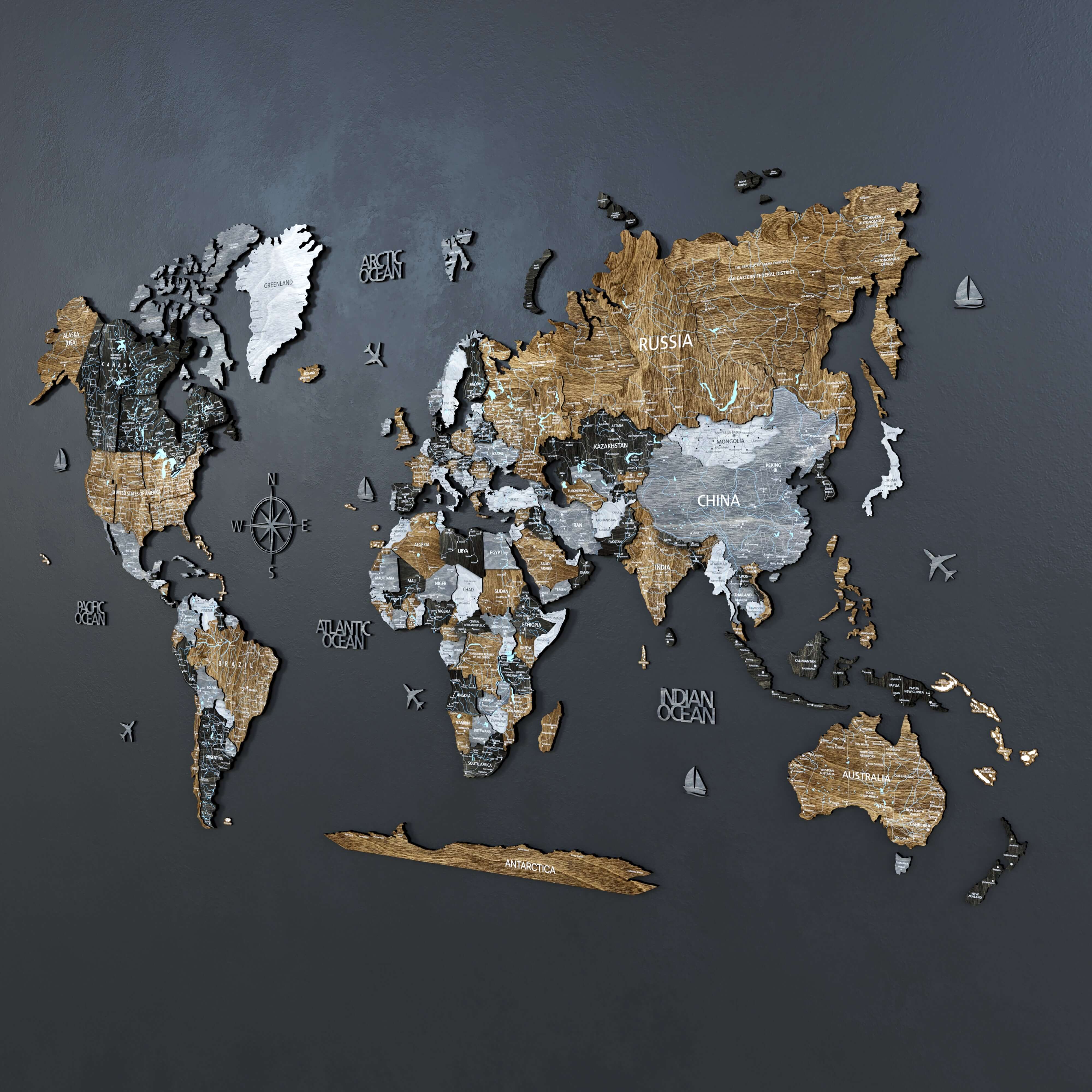 Drewniana Mapa Świata 3D “Brown Loft”