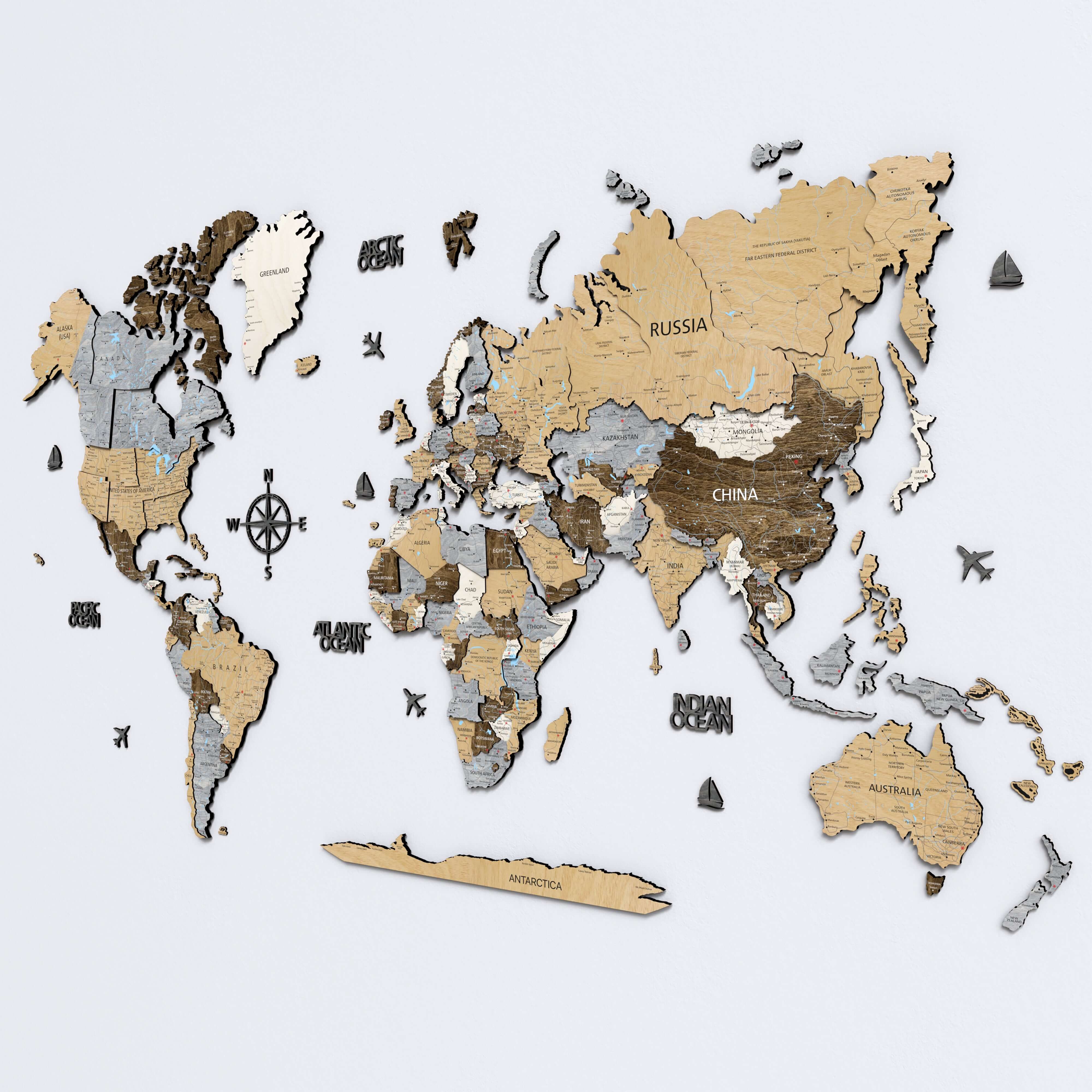 Drewniana Mapa Świata 3D “Light Walnut”