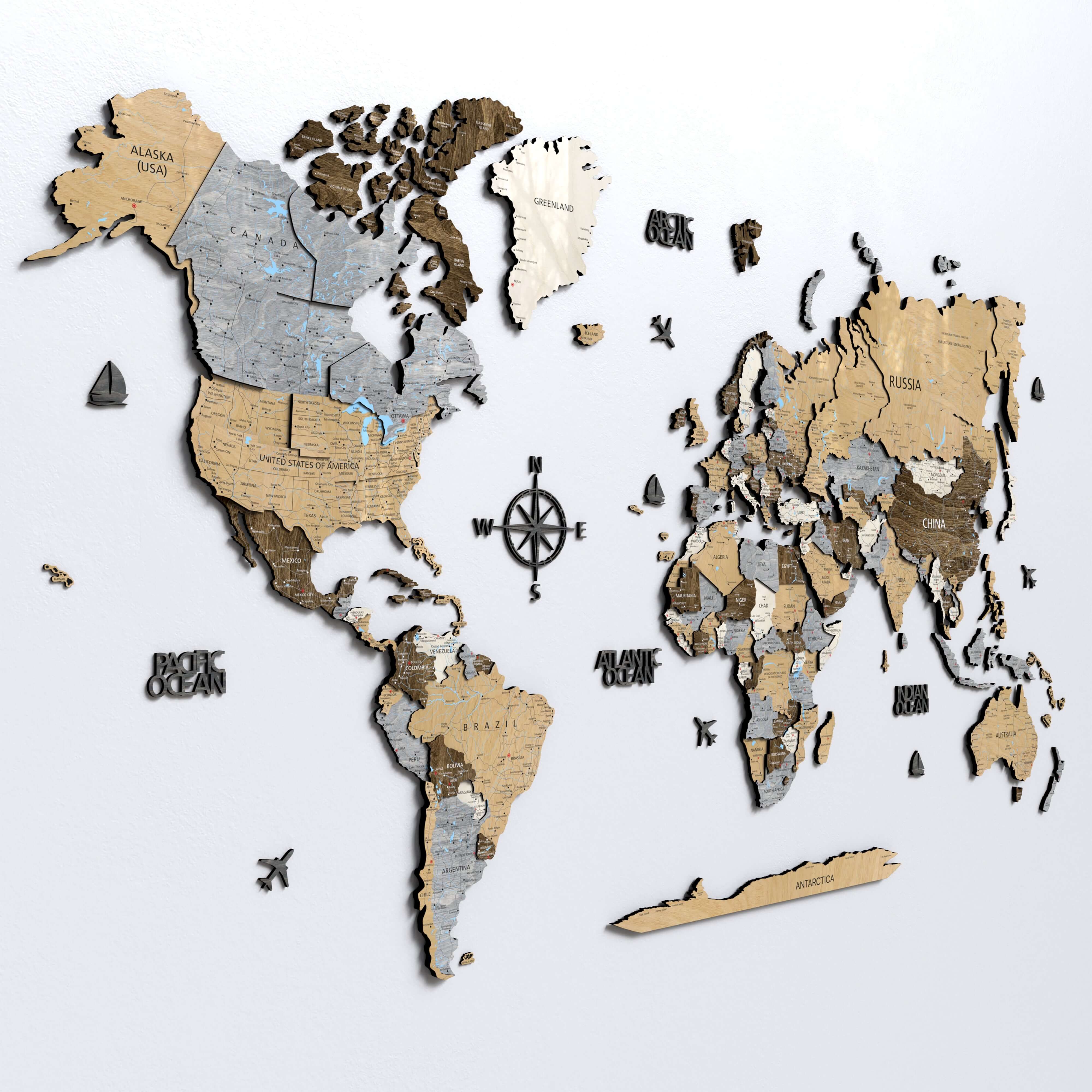 Drewniana Mapa Świata 3D “Light Walnut”
