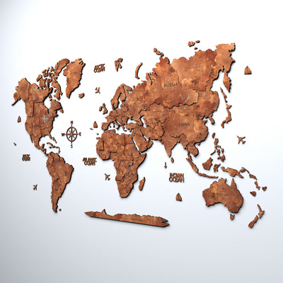 Drewniana mapa świata 3D „Cooper” z brązowego drewna z detalami geograficznymi, idealna do stylu loftowego.