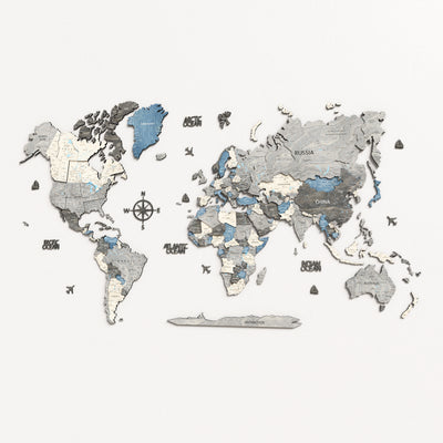 Drewniana Mapa Świata 3D w eleganckim wzornictwie z detalami w kolorze niebieskim i szarym.