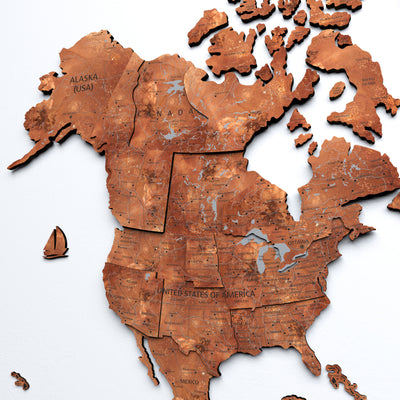 Drewniana mapa świata 3D „Cooper” z detalami geograficznymi Ameryki Północnej, wykonana z drewna.