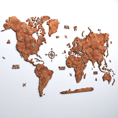 Drewniana mapa świata 3D „Cooper” w eleganckim stylu loftowym z detalami geograficznymi i harmonijną kolorystyką.