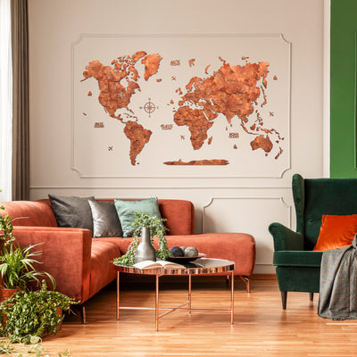 Drewniana mapa świata 3D "Cooper" na ścianie, elegancka dekoracja w stylu loftowym, brązowe detale.