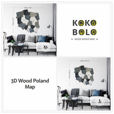3D drewniana mapa Polski w nowoczesnym wnętrzu z różnymi wymiarami i detalami.